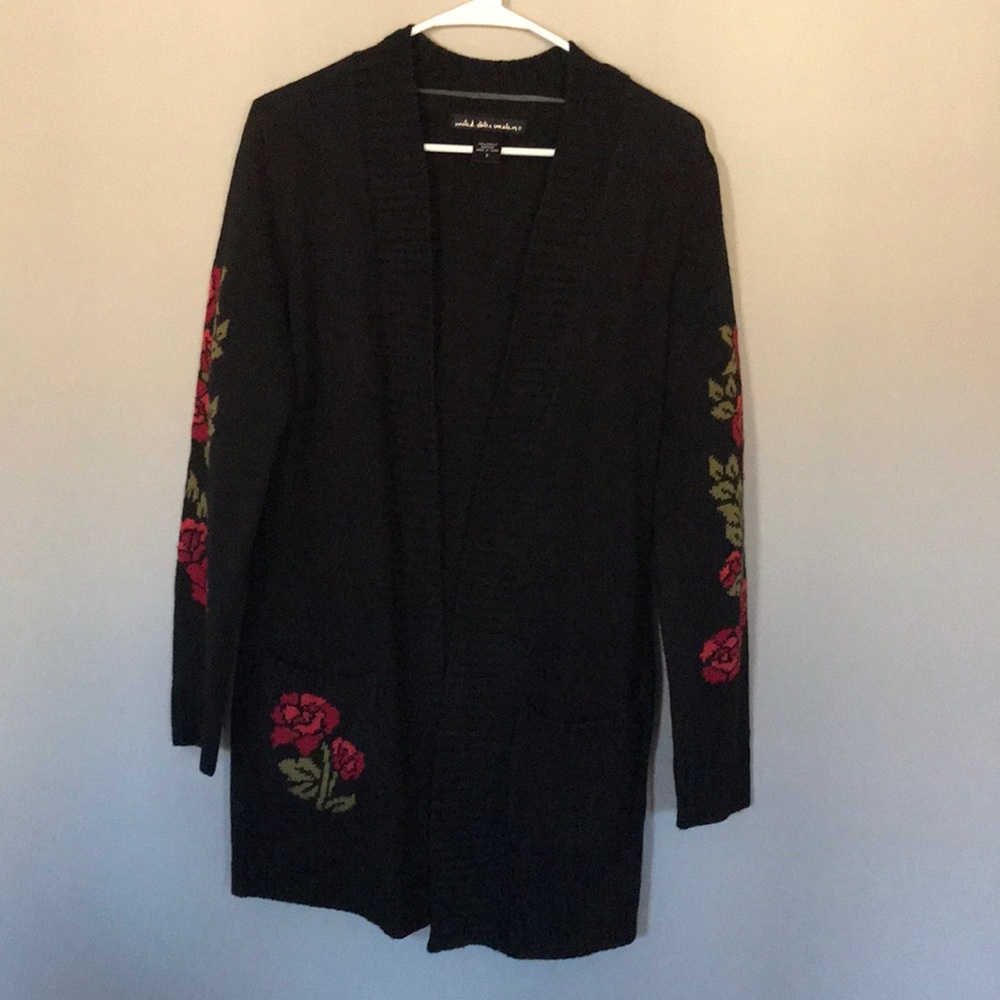 Black knit cardigan with roses